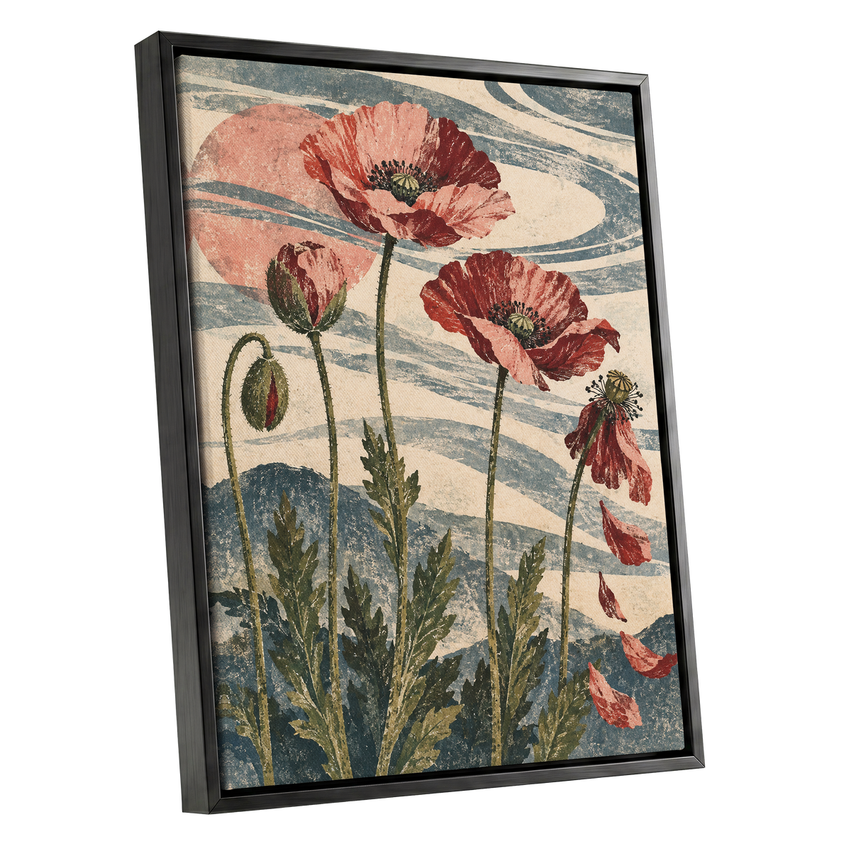 Poppy Tide, pink, red, green floral wall art shown as a black framed canvas wall art
