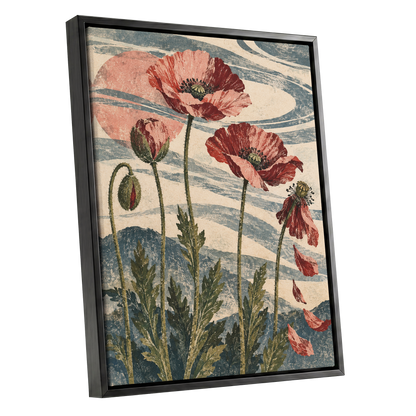Poppy Tide, pink, red, green floral wall art shown as a black framed canvas wall art