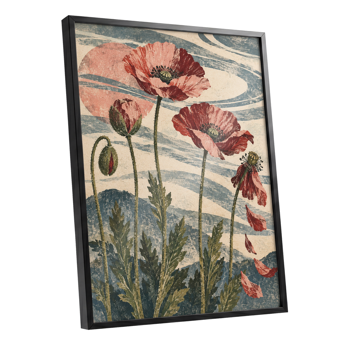 Poppy Tide, pink, red, green floral wall art shown as a black framed poster wall art print