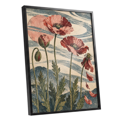 Poppy Tide, pink, red, green floral wall art shown as a black framed poster wall art print