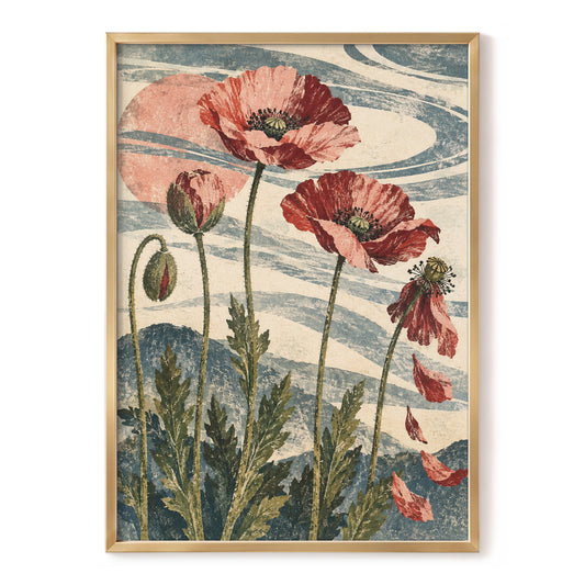 Poppy Tide, pink, red, green floral wall art, front artwork view