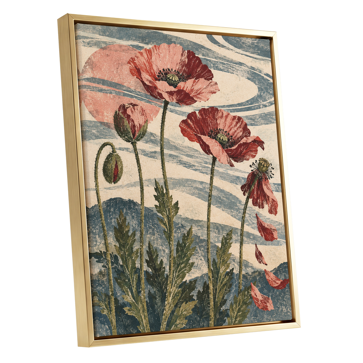 Poppy Tide, pink, red, green floral wall art shown as a gold framed canvas wall art