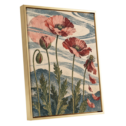 Poppy Tide, pink, red, green floral wall art shown as a gold framed canvas wall art
