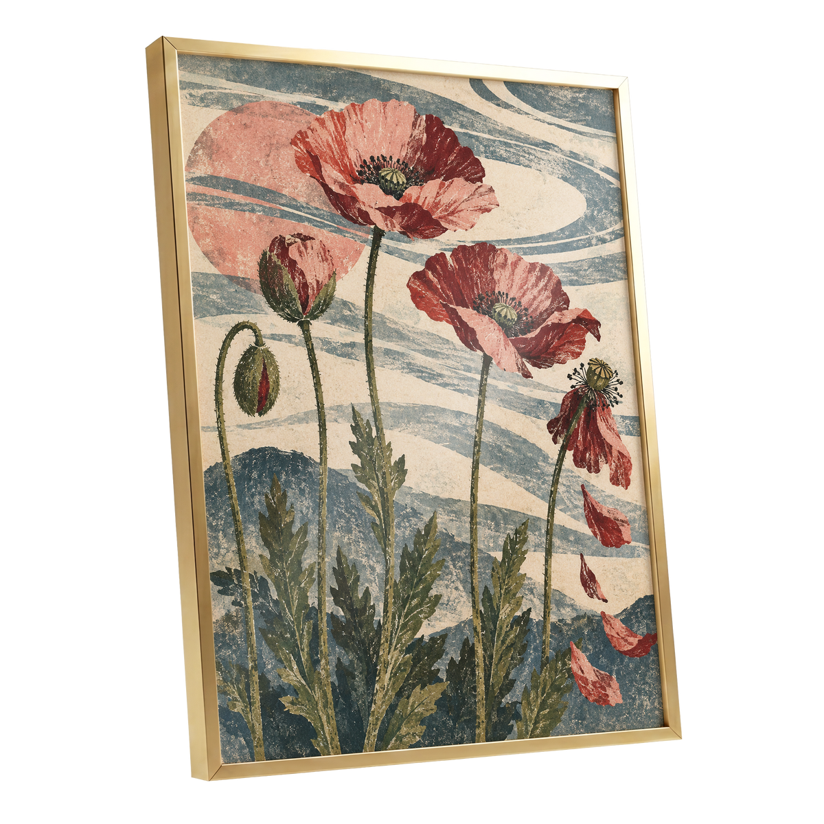 Poppy Tide, pink, red, green floral wall art shown as a gold framed poster wall art print