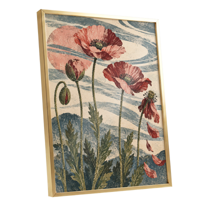 Poppy Tide, pink, red, green floral wall art shown as a gold framed poster wall art print