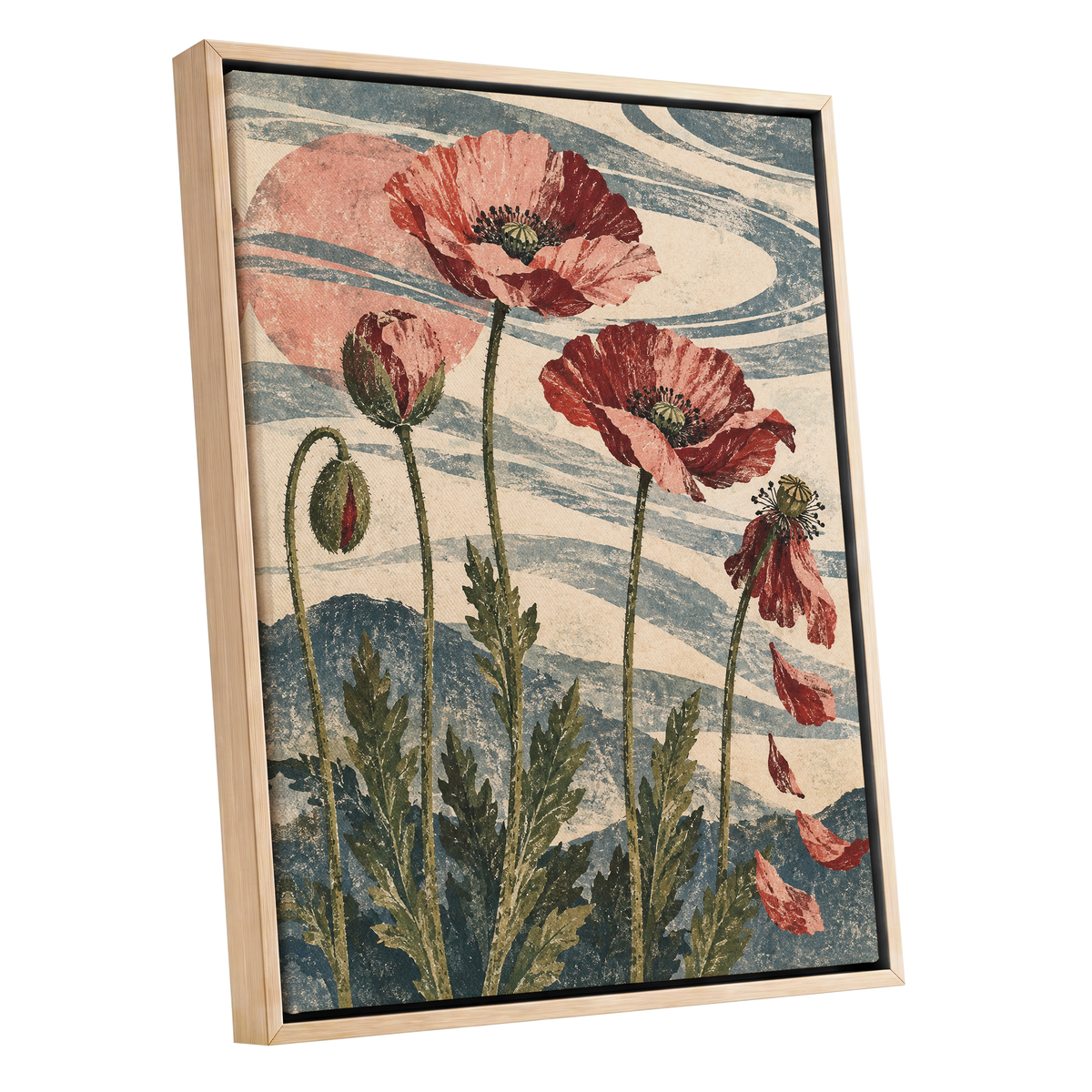 Poppy Tide, pink, red, green floral wall art shown as a oak framed canvas wall art
