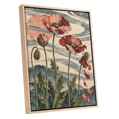 Poppy Tide, pink, red, green floral wall art shown as a oak framed canvas wall art