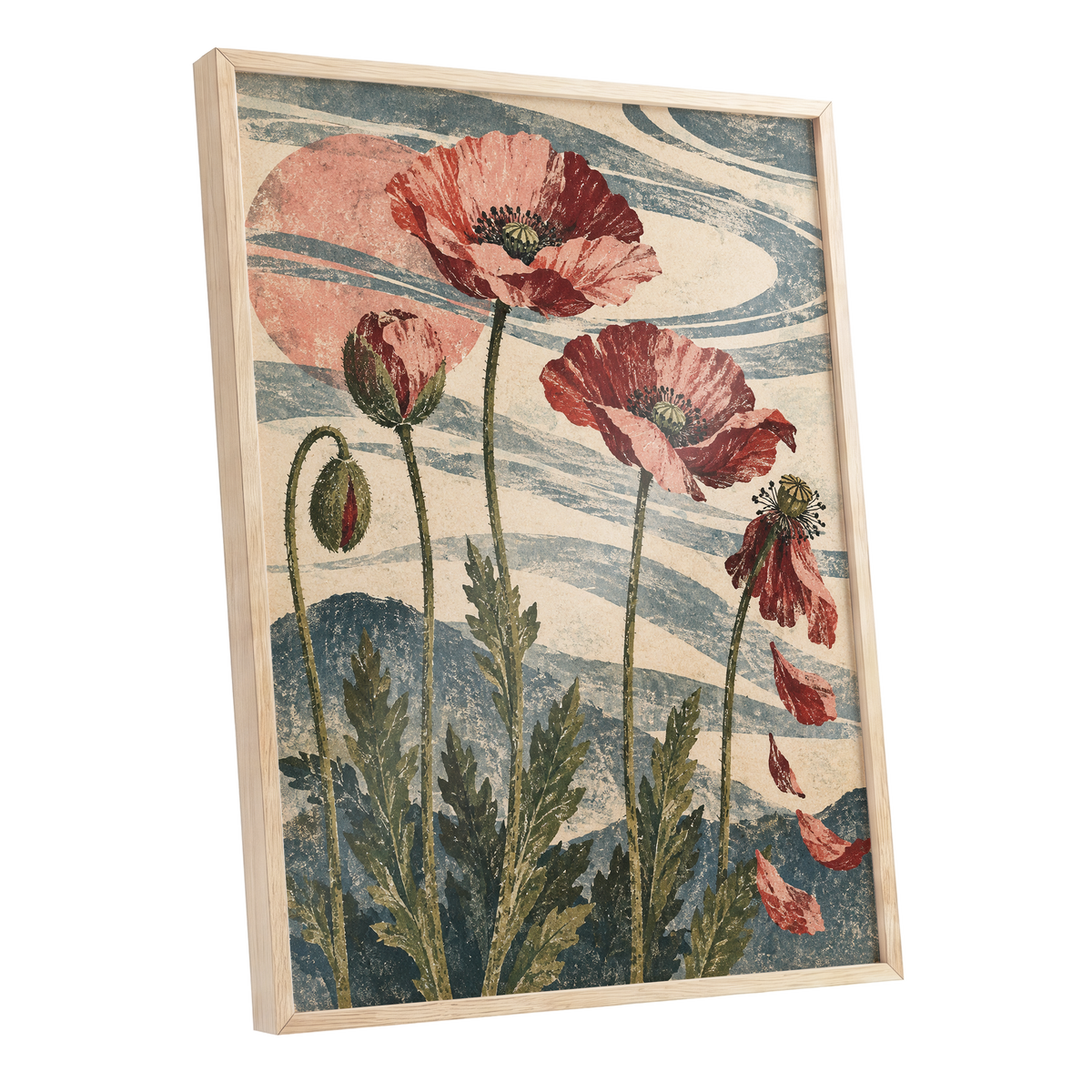 Poppy Tide, pink, red, green floral wall art shown as a oak framed poster wall art print