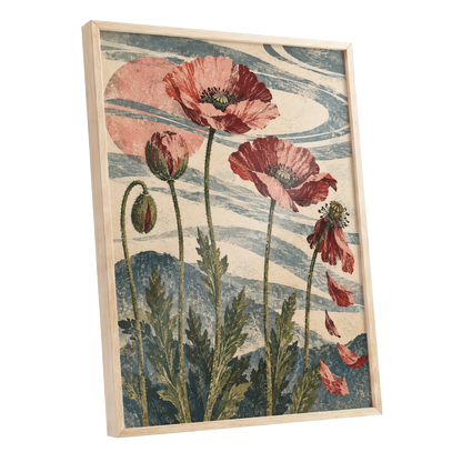 Poppy Tide, pink, red, green floral wall art shown as a oak framed poster wall art print
