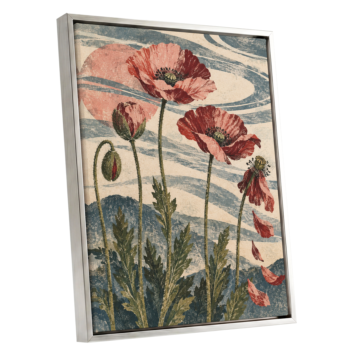 Poppy Tide, pink, red, green floral wall art shown as a silver framed canvas wall art