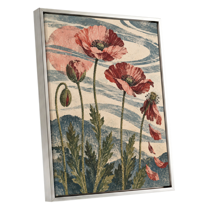 Poppy Tide, pink, red, green floral wall art shown as a silver framed canvas wall art