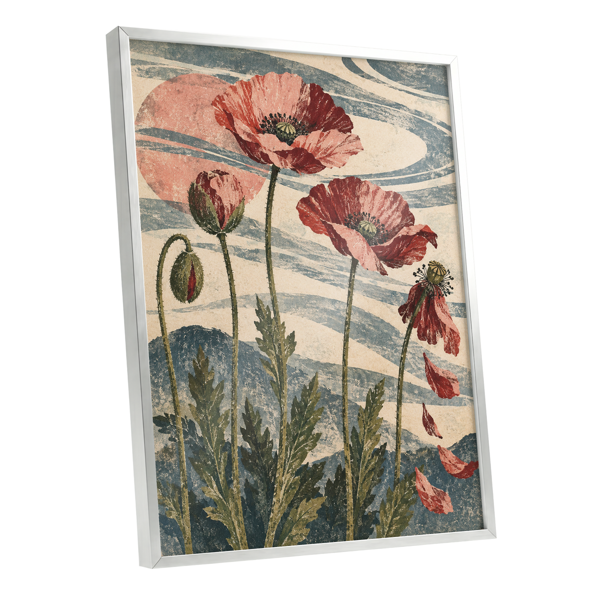 Poppy Tide, pink, red, green floral wall art shown as a silver framed poster wall art print