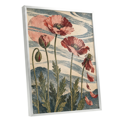 Poppy Tide, pink, red, green floral wall art shown as a silver framed poster wall art print