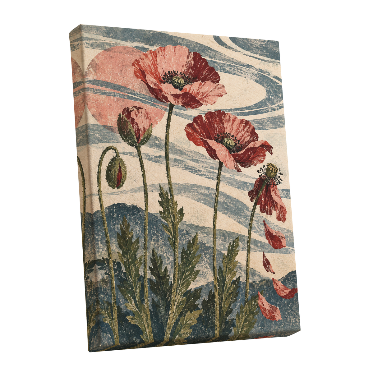 Poppy Tide, pink, red, green floral wall art shown as a stretched canvas wall art