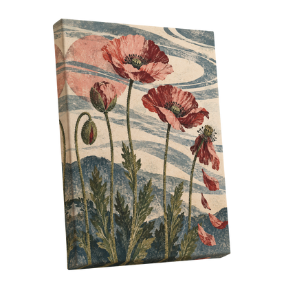 Poppy Tide, pink, red, green floral wall art shown as a stretched canvas wall art