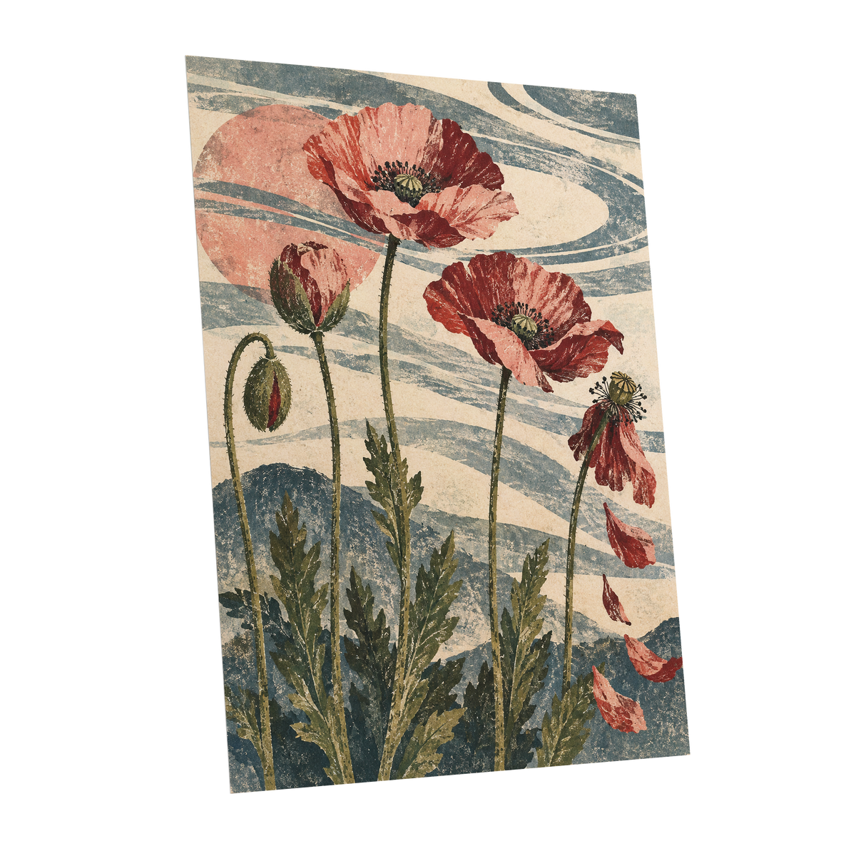 Poppy Tide, pink, red, green floral wall art shown as a unframed poster wall art print