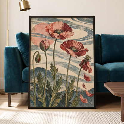 Poppy Tide, pink, red, green floral wall art displayed in a styled interior, gallery view 2