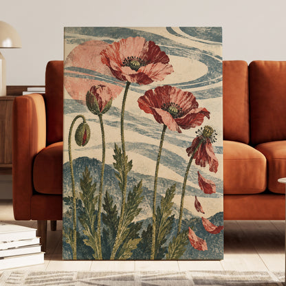 Poppy Tide, pink, red, green floral wall art displayed in a styled interior, gallery view 3