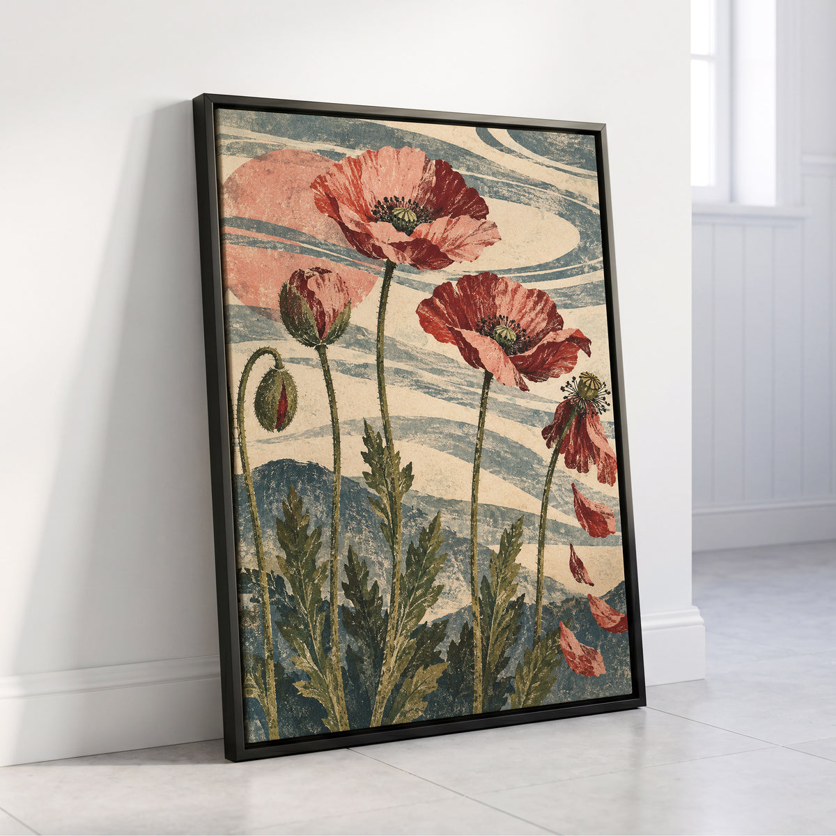 Poppy Tide, pink, red, green floral wall art displayed in a styled interior, gallery view 4