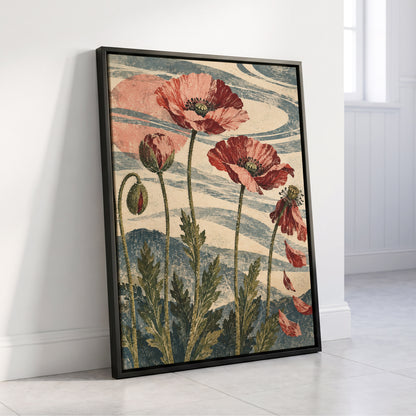 Poppy Tide, pink, red, green floral wall art displayed in a styled interior, gallery view 4