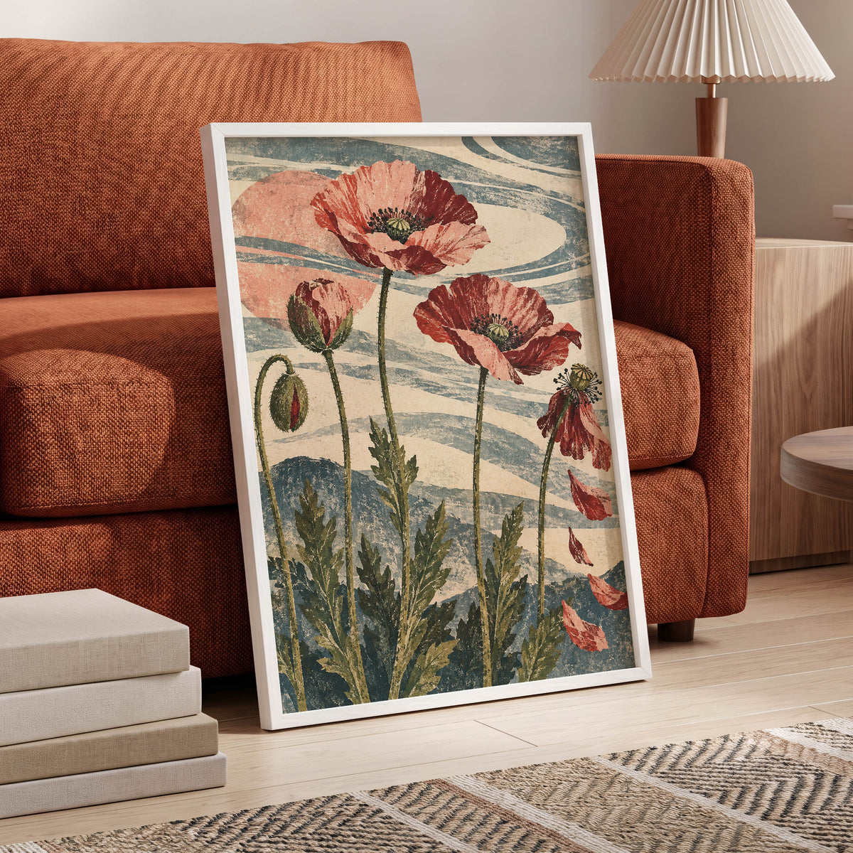 Poppy Tide, pink, red, green floral wall art displayed in a styled interior, gallery view 6