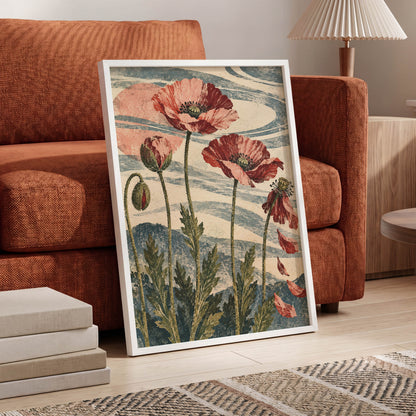 Poppy Tide, pink, red, green floral wall art displayed in a styled interior, gallery view 6