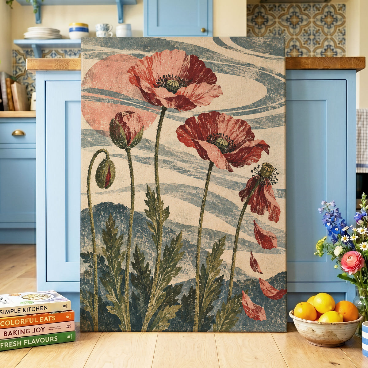 Poppy Tide, pink, red, green floral wall art displayed in a styled interior, gallery view 7