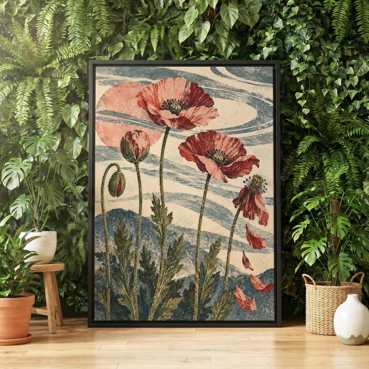 Poppy Tide, pink, red, green floral wall art displayed in a styled interior, gallery view 8