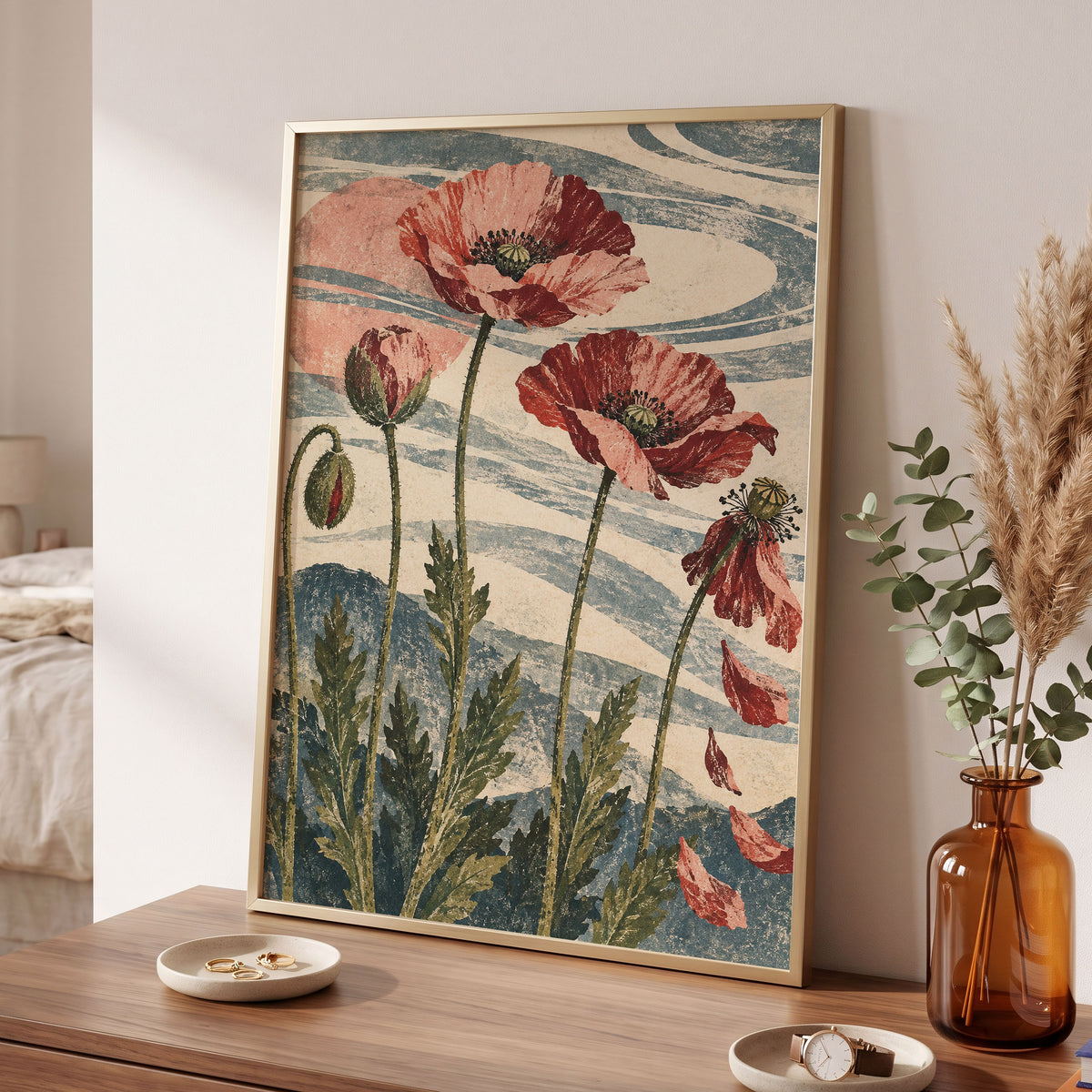 Poppy Tide, pink, red, green floral wall art displayed in a styled interior, gallery view 9
