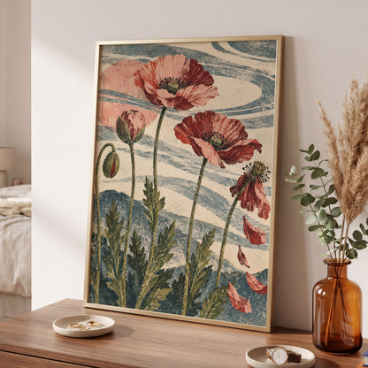 Poppy Tide, pink, red, green floral wall art displayed in a styled interior, gallery view 9