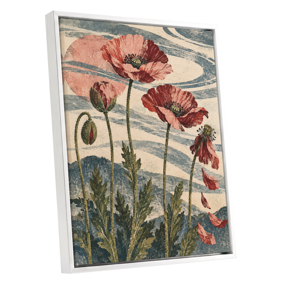Poppy Tide, pink, red, green floral wall art shown as a white framed canvas wall art