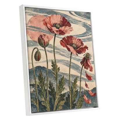 Poppy Tide, pink, red, green floral wall art shown as a white framed canvas wall art