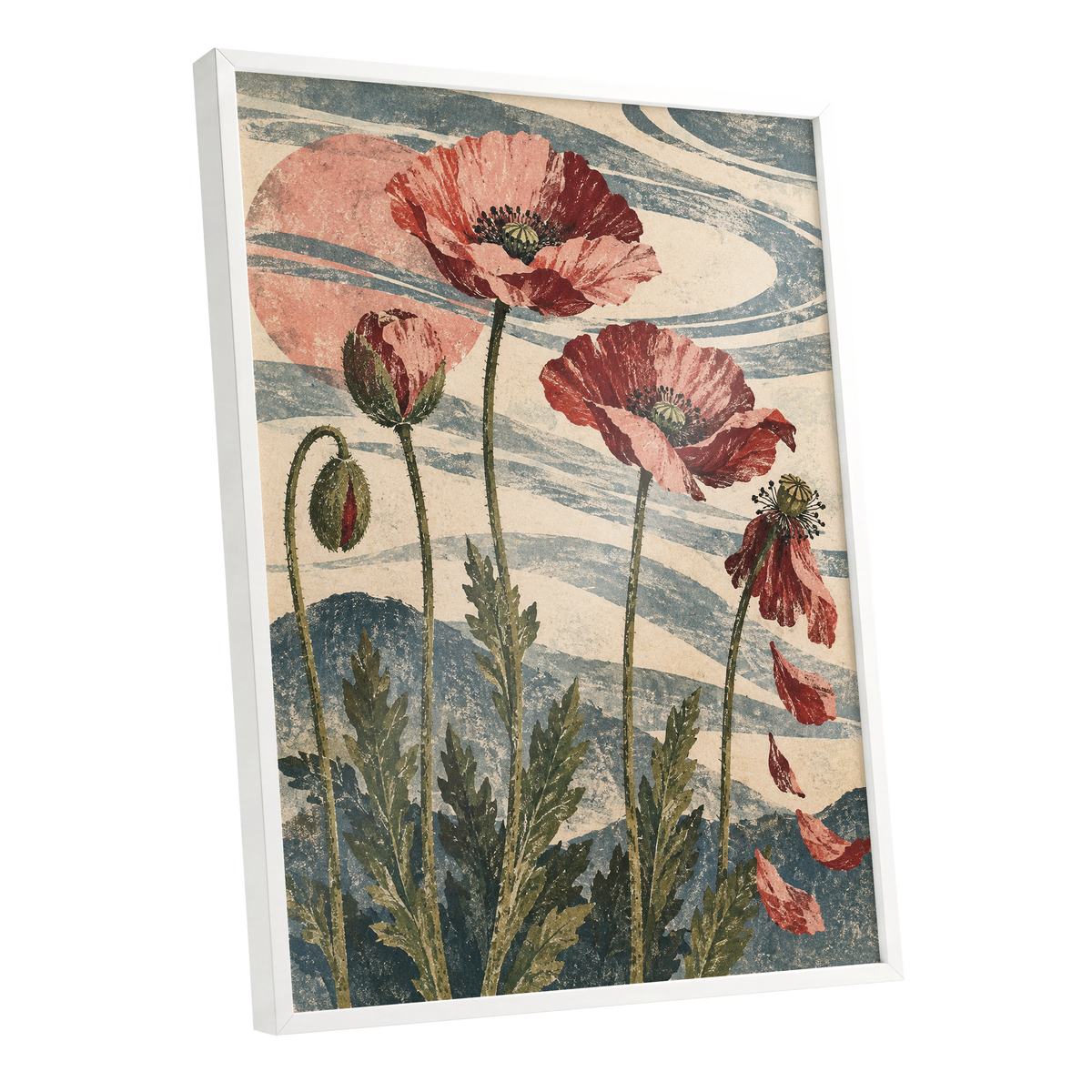 Poppy Tide, pink, red, green floral wall art shown as a white framed poster wall art print