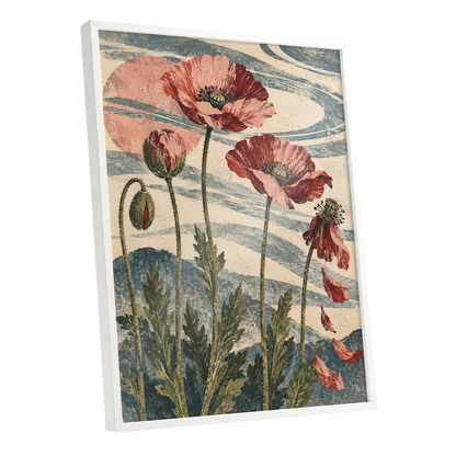 Poppy Tide, pink, red, green floral wall art shown as a white framed poster wall art print
