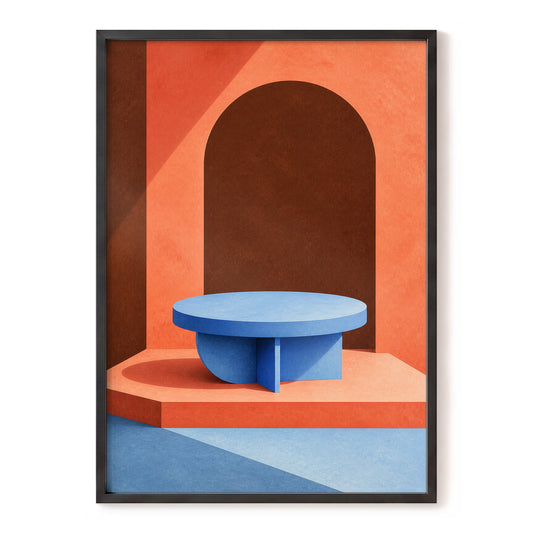 Portal in Cobalt, blue, orange, brown minimalist wall art, front artwork view