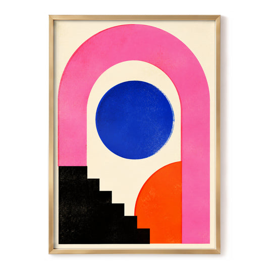 Portal Steps, pink, blue, black minimalist wall art, front artwork view
