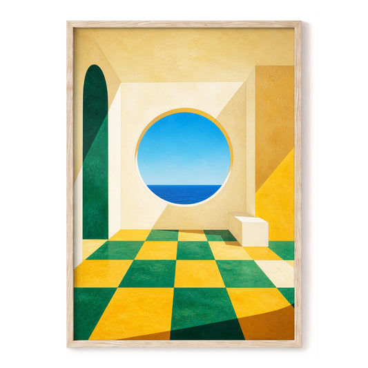 Portal to Summer, yellow, green, blue minimalist wall art, front artwork view