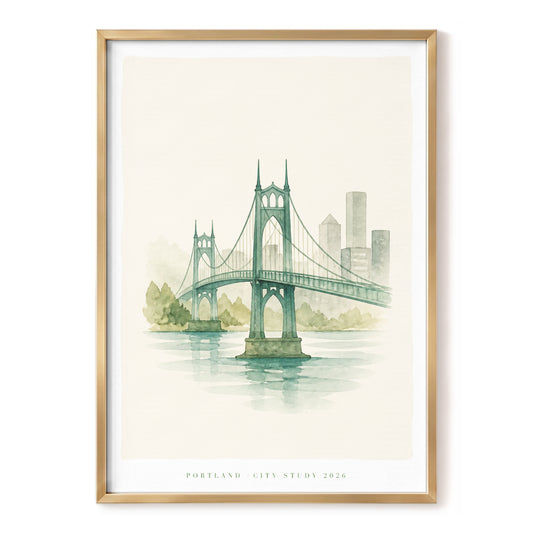Portland Bridge Study, green, beige, white minimalist wall art, front artwork view