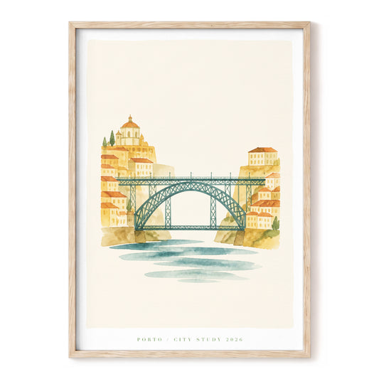 Porto Over the Douro, beige, gold, green minimalist wall art, front artwork view