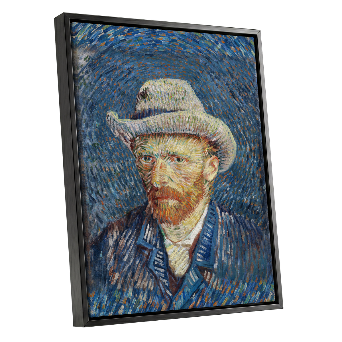 Portrait in Azure, blue, orange, yellow abstract wall art shown as a black framed canvas wall art