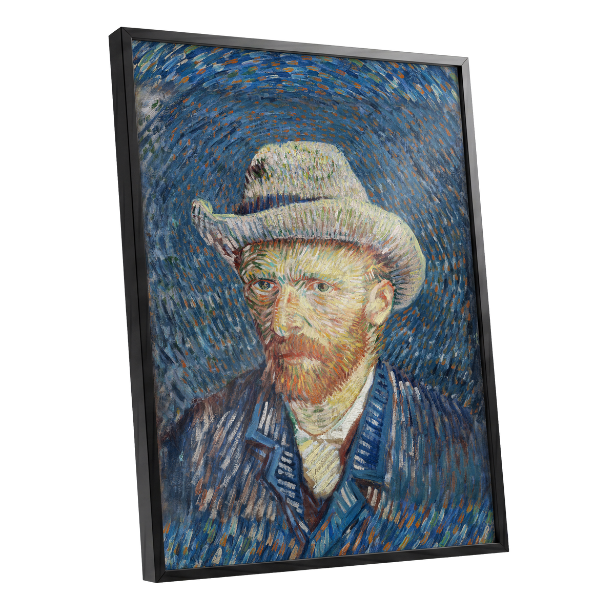 Portrait in Azure, blue, orange, yellow abstract wall art shown as a black framed poster wall art print