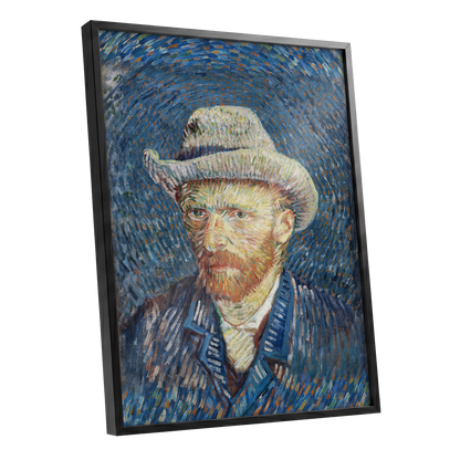 Portrait in Azure, blue, orange, yellow abstract wall art shown as a black framed poster wall art print