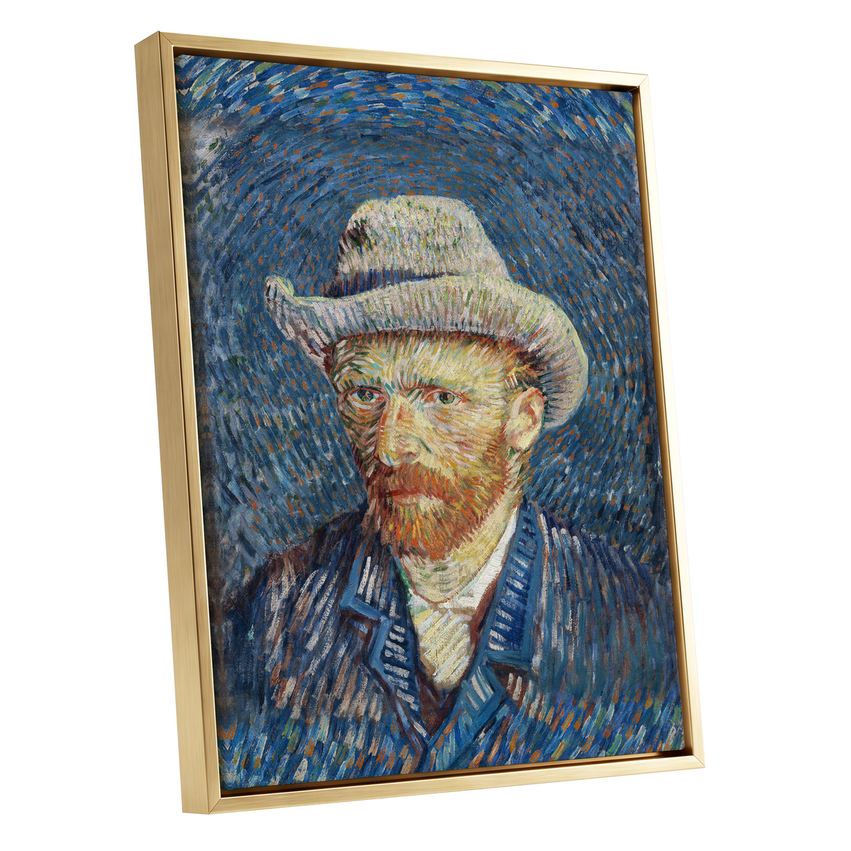 Portrait in Azure, blue, orange, yellow abstract wall art shown as a gold framed canvas wall art