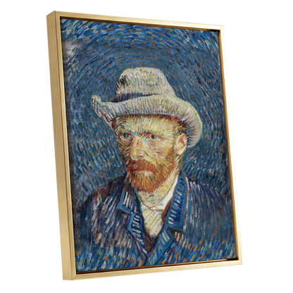 Portrait in Azure, blue, orange, yellow abstract wall art shown as a gold framed canvas wall art