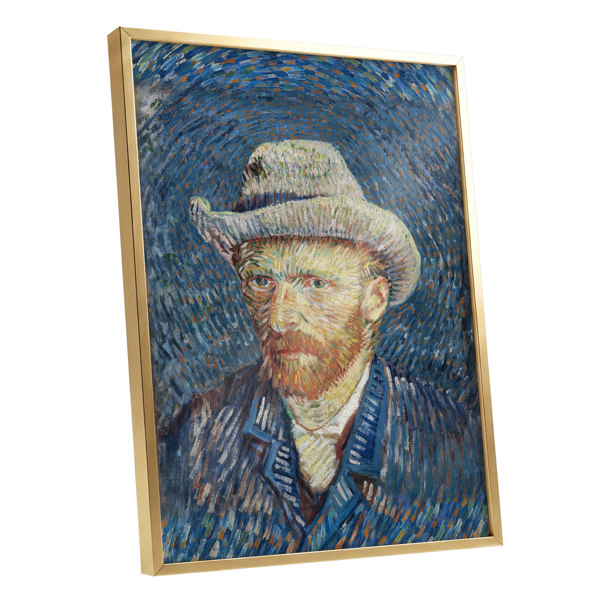 Portrait in Azure, blue, orange, yellow abstract wall art shown as a gold framed poster wall art print