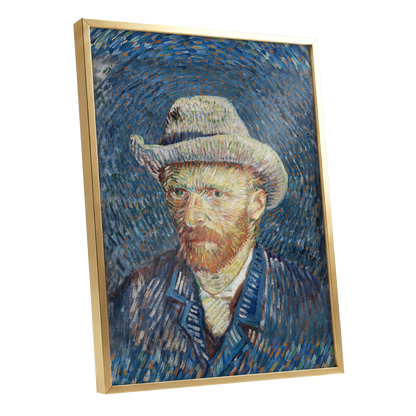 Portrait in Azure, blue, orange, yellow abstract wall art shown as a gold framed poster wall art print