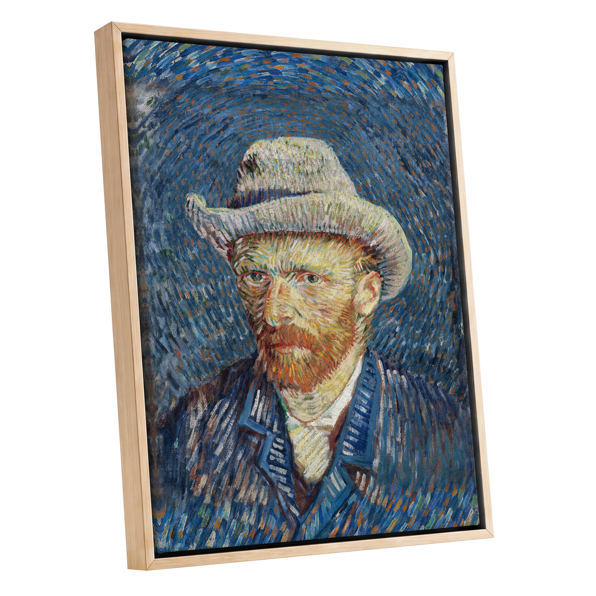 Portrait in Azure, blue, orange, yellow abstract wall art shown as a oak framed canvas wall art