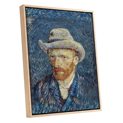 Portrait in Azure, blue, orange, yellow abstract wall art shown as a oak framed canvas wall art