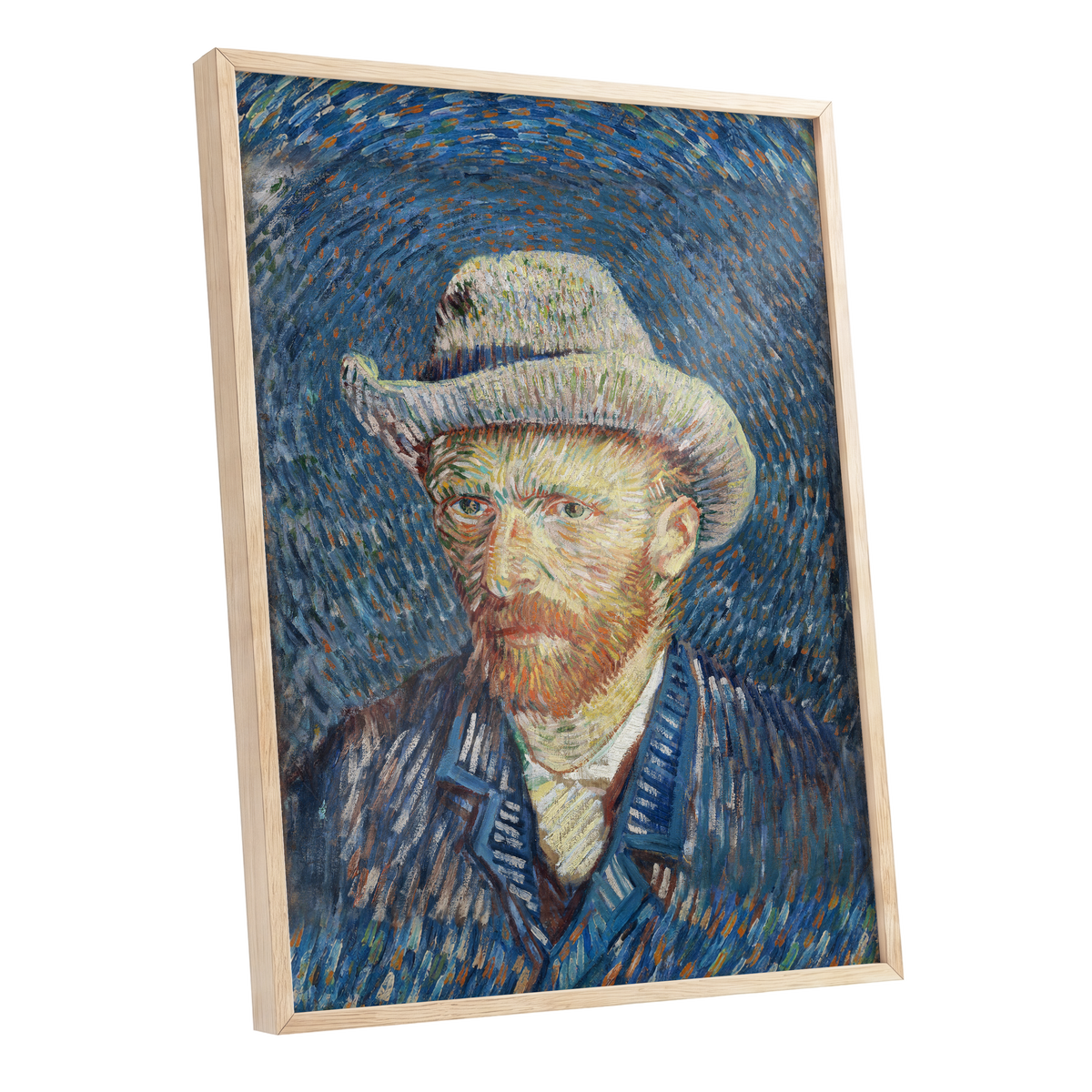 Portrait in Azure, blue, orange, yellow abstract wall art shown as a oak framed poster wall art print