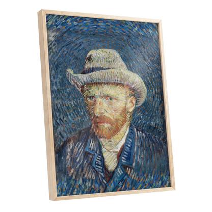 Portrait in Azure, blue, orange, yellow abstract wall art shown as a oak framed poster wall art print